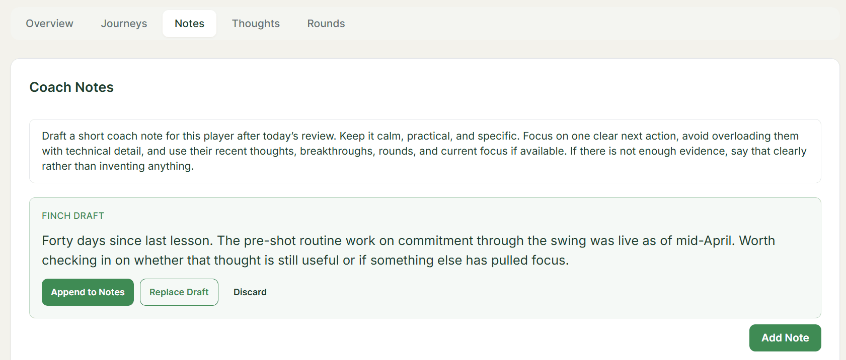ClarityCaddie Coach Portal showing Finch drafting a coach note from a player’s recent rounds