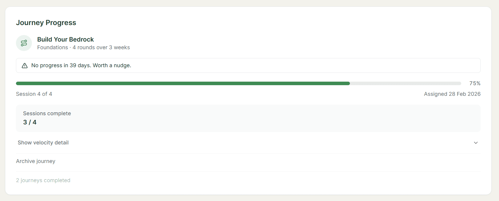 ClarityCaddie Coach Portal showing a player’s active guided journey progress card