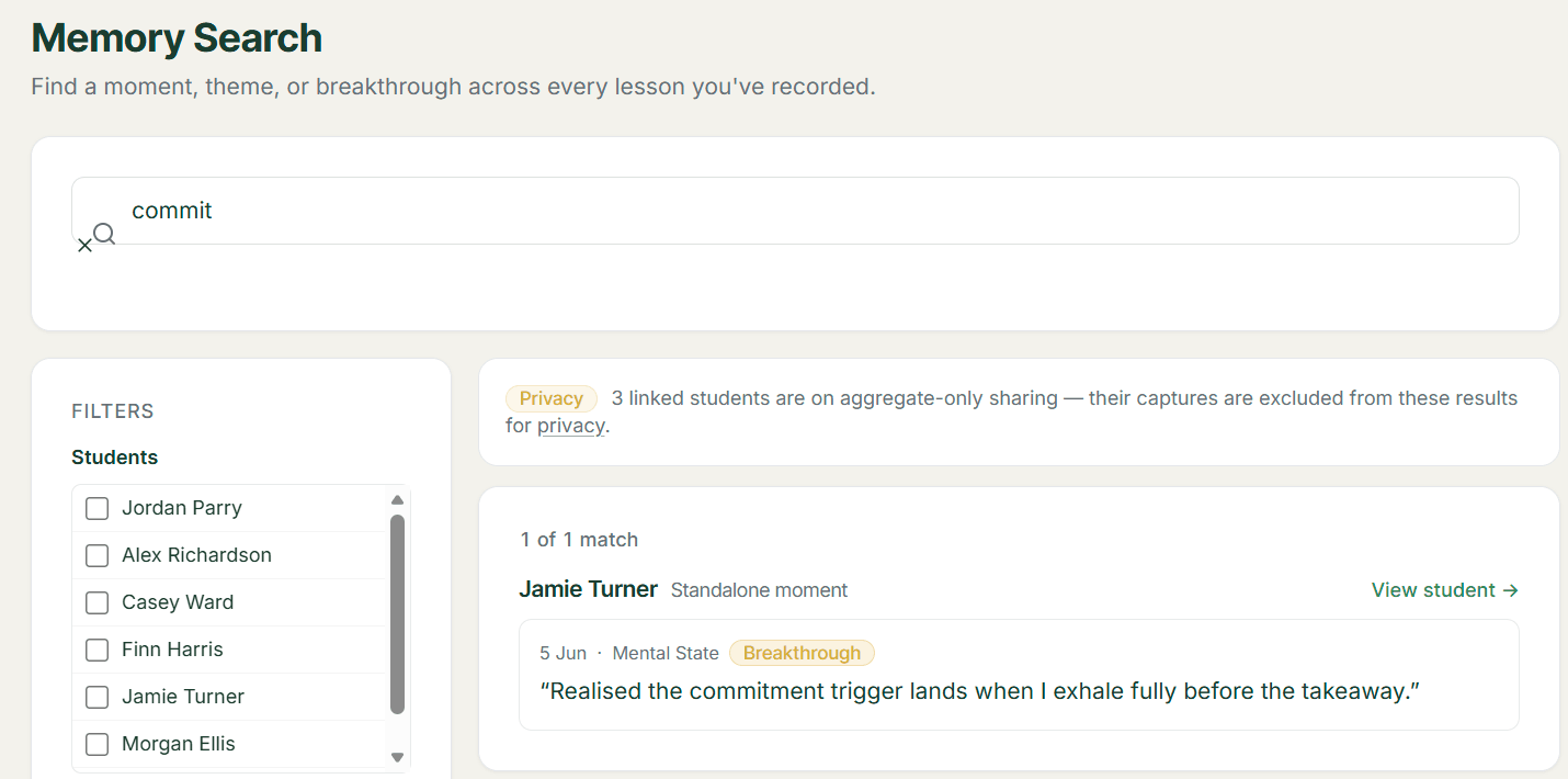 ClarityCaddie Coach Portal memory search showing a query, a privacy notice and a matching result