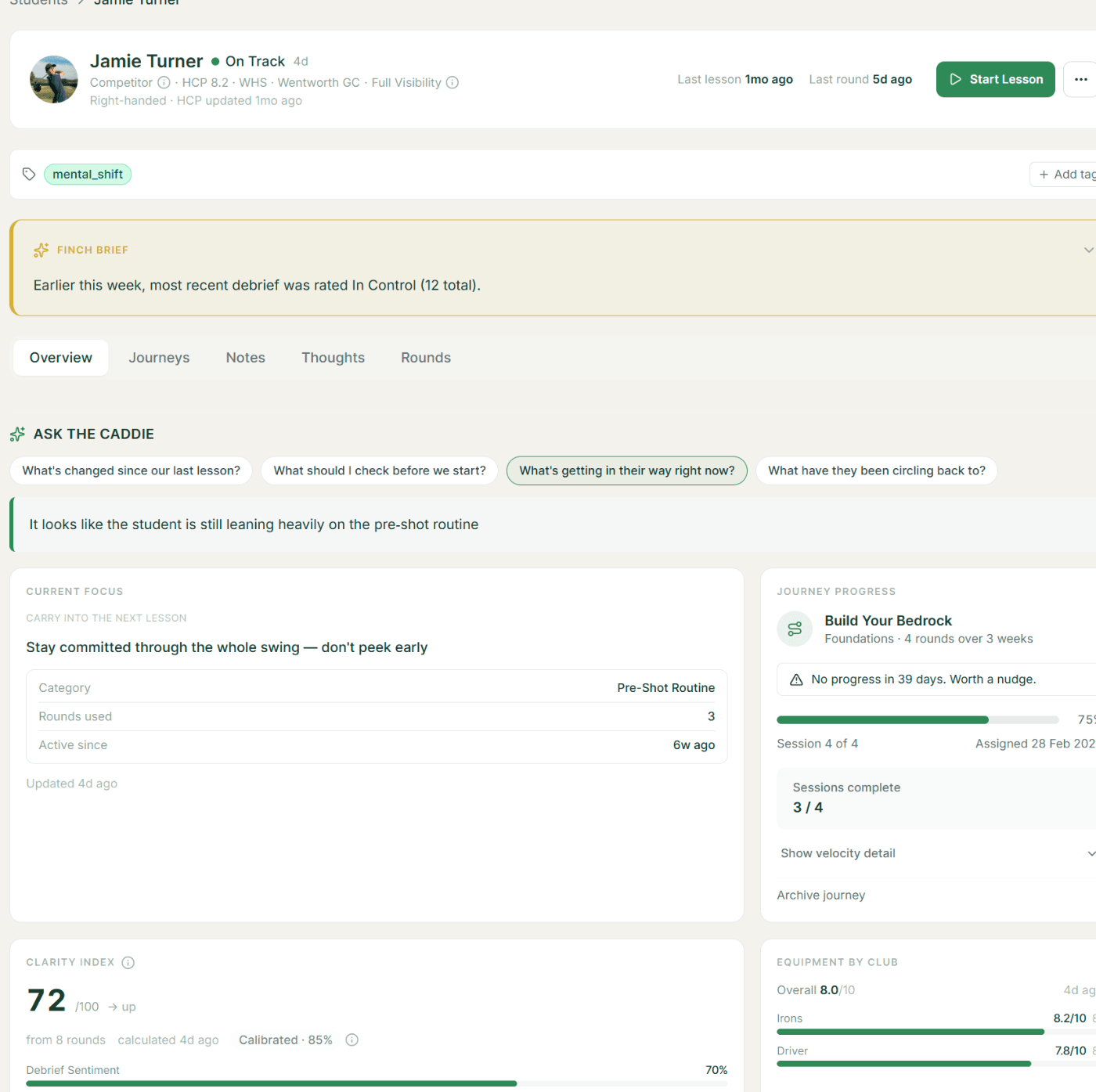 ClarityCaddie Coach Portal student profile showing a Finch brief and player context cards